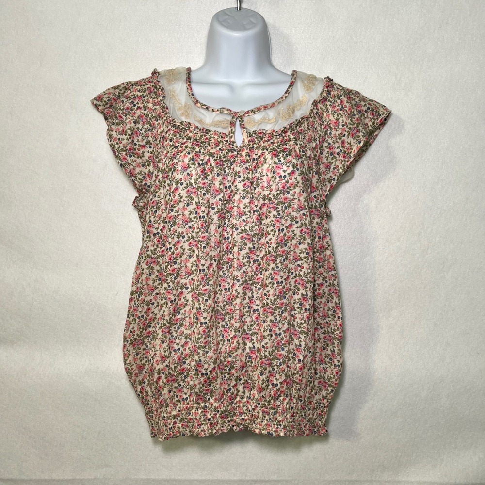 New Nine West Mollie Floral Cottagecore Boho Ditzy‎ Prairie Lace Smocked Top M